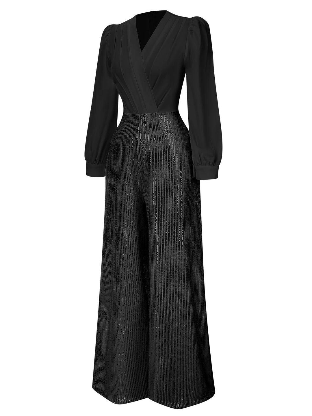 1930s V-Neck Puff Sleeve Sequins Wide-Leg Jumpsuit — 1930s vintage charm for her modern wardrobe