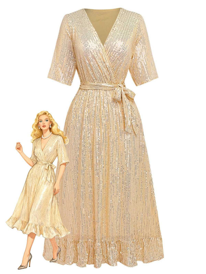 1930s V-Neck Sequined Ruffled Hem Dress - vintage dress, retro fashion