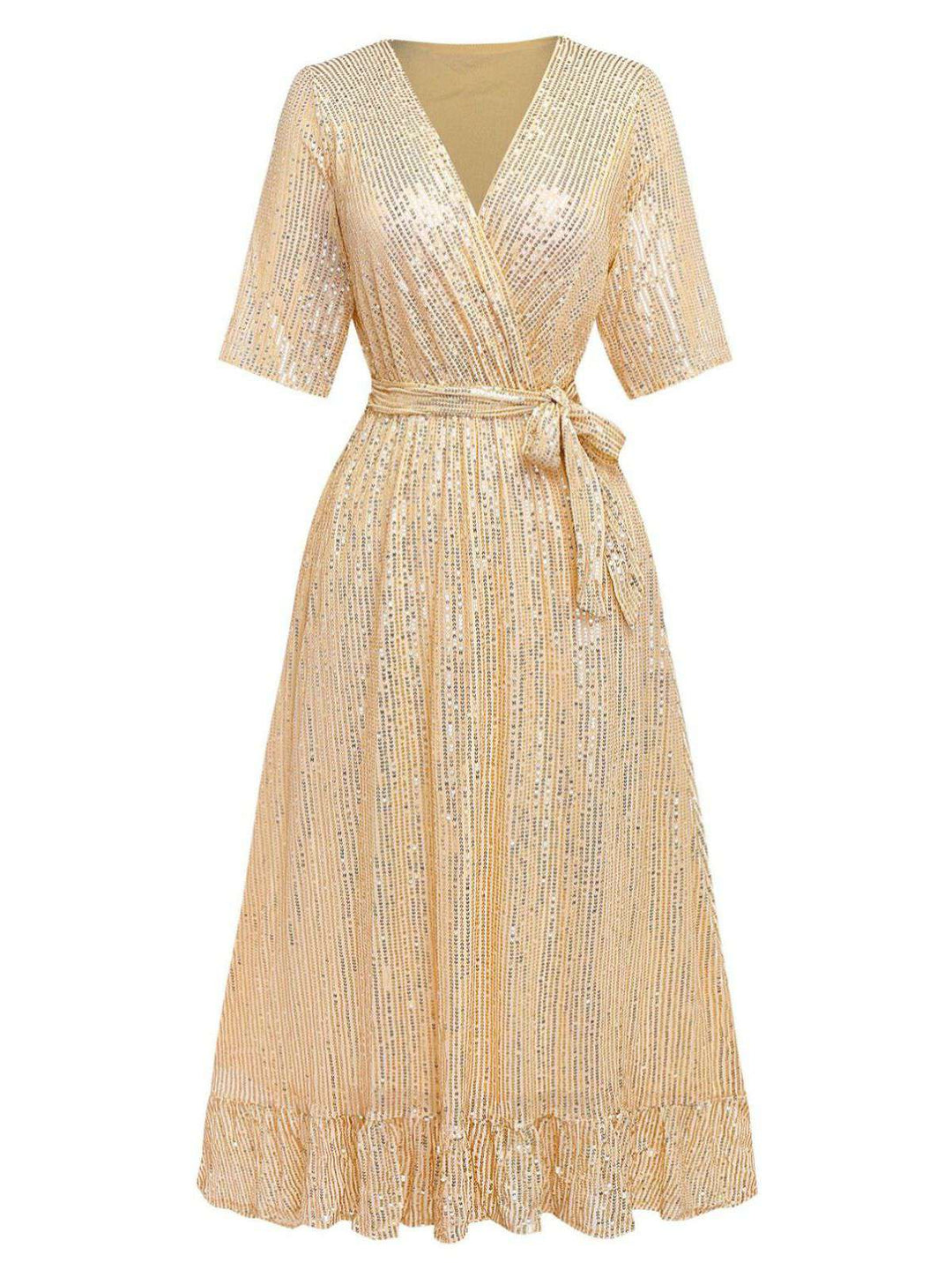 1930s V-Neck Sequined Ruffled Hem Dress - vintage dress, retro fashion