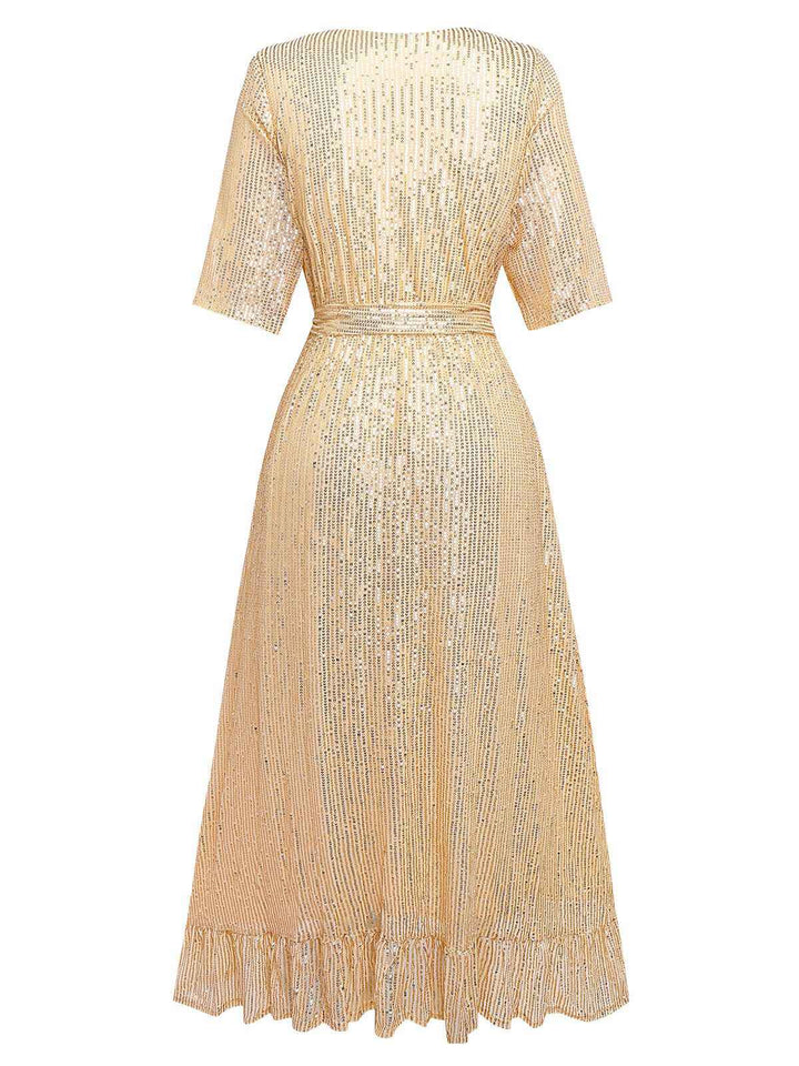 1930s V-Neck Sequined Ruffled Hem Dress - vintage dress, retro fashion