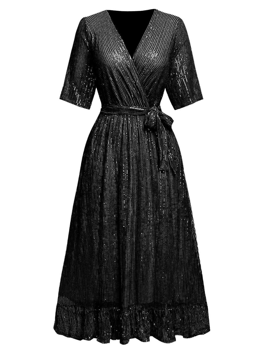 1930s V-Neck Sequined Ruffled Hem Dress - vintage dress, retro fashion