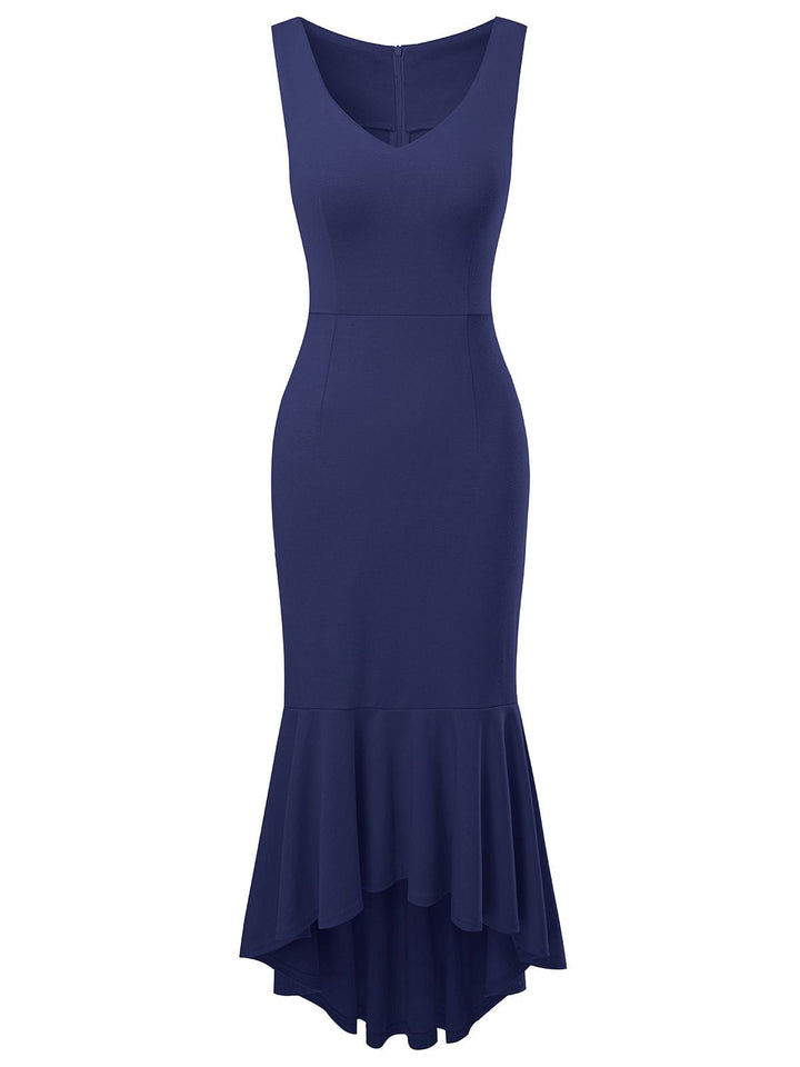 She slips into this 1930s V-Neck Sleeveless Ruffled Fishtail Dress and suddenly it&