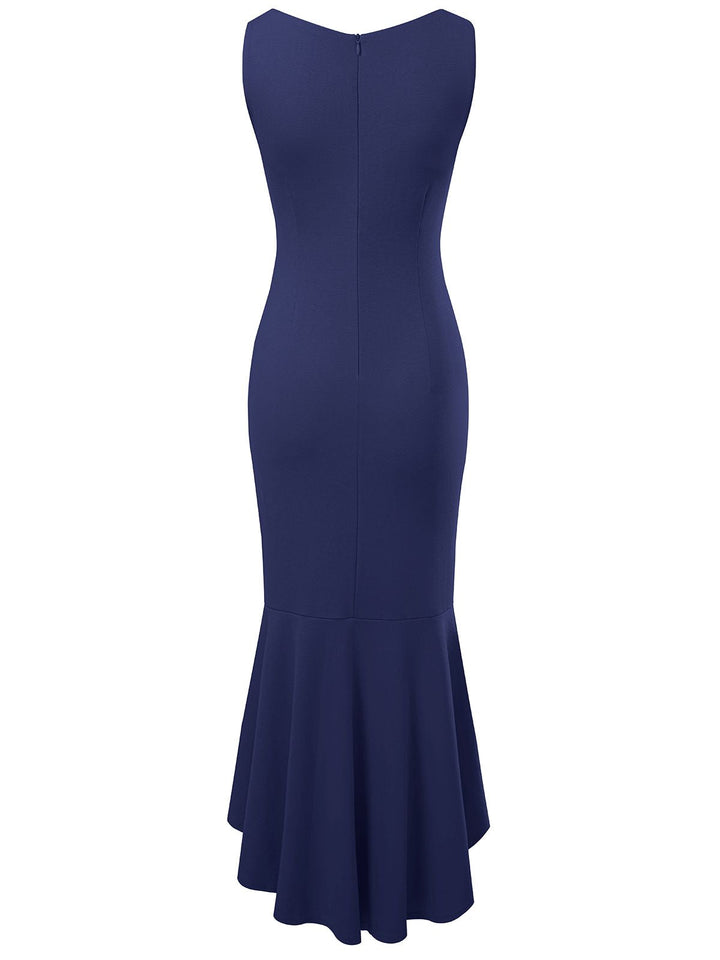 1930s V-Neck Sleeveless Ruffled Fishtail Dress, vintage dress, retro fashion - perfect for women who love vintage and retro fashion