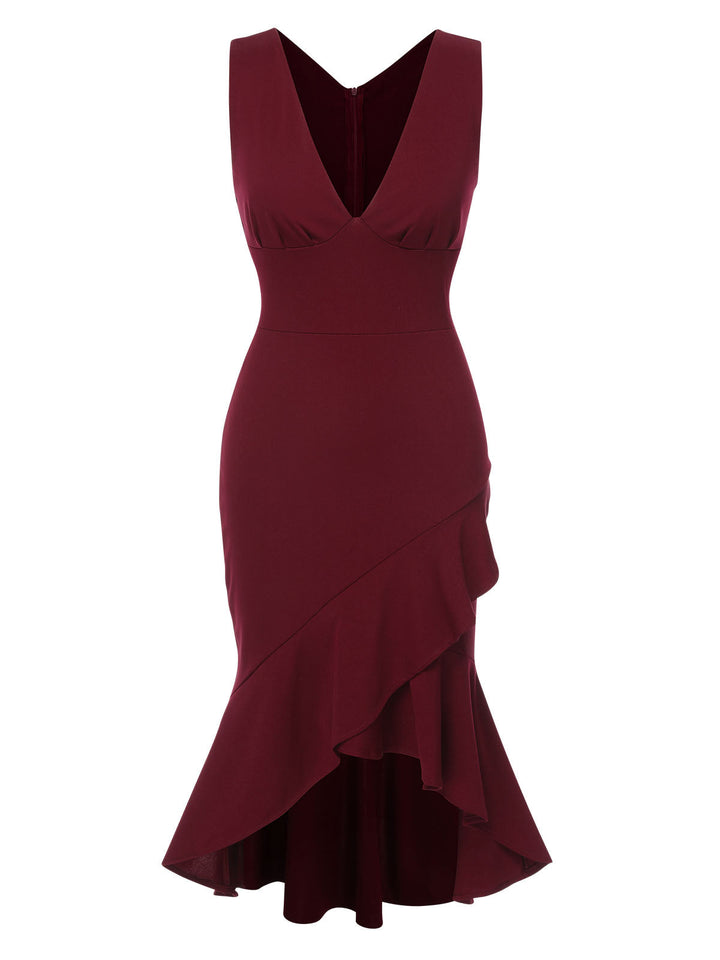 1930s V-Neck Solid Fishtail Bodycon Dress, vintage dress, retro fashion - perfect for women who love vintage and retro fashion