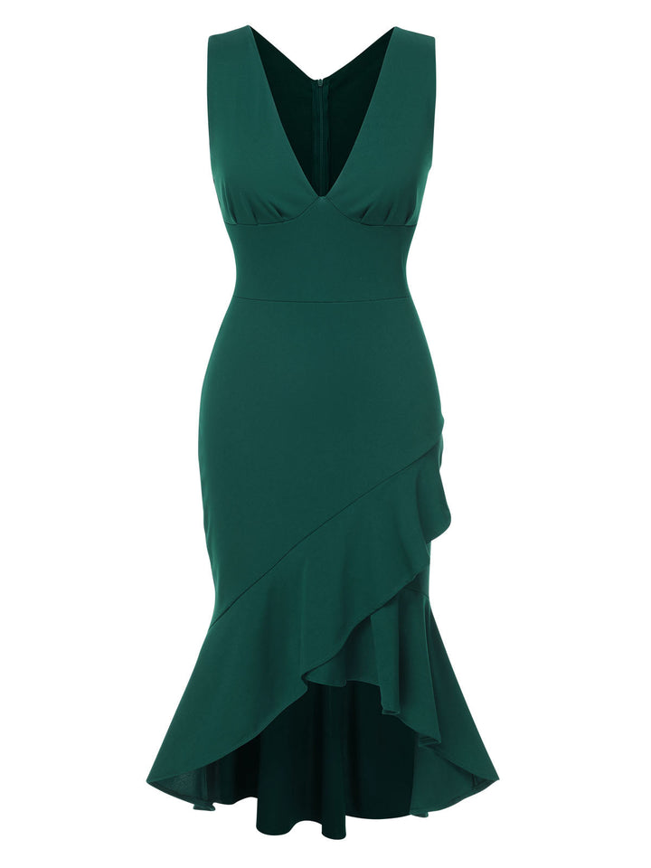 1930s V-Neck Solid Fishtail Bodycon Dress, vintage dress, retro fashion - perfect for women who love vintage and retro fashion