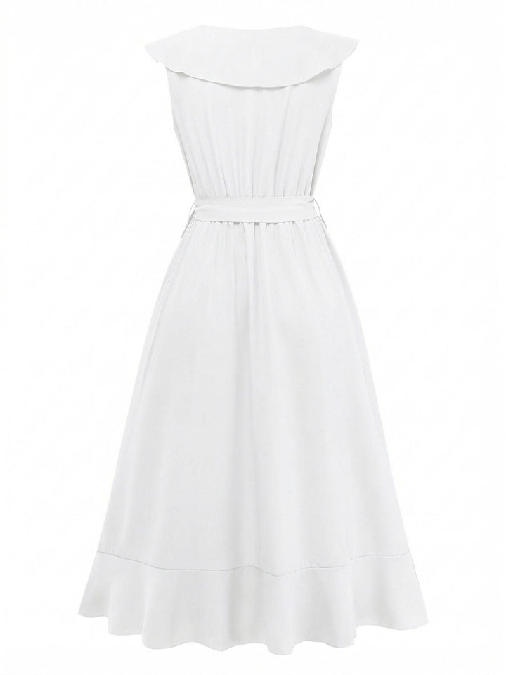 1930s V-Neck Solid Ruffled Hem Tie-Up Dress - vintage dress, retro fashion, elegant style for vintage lovers