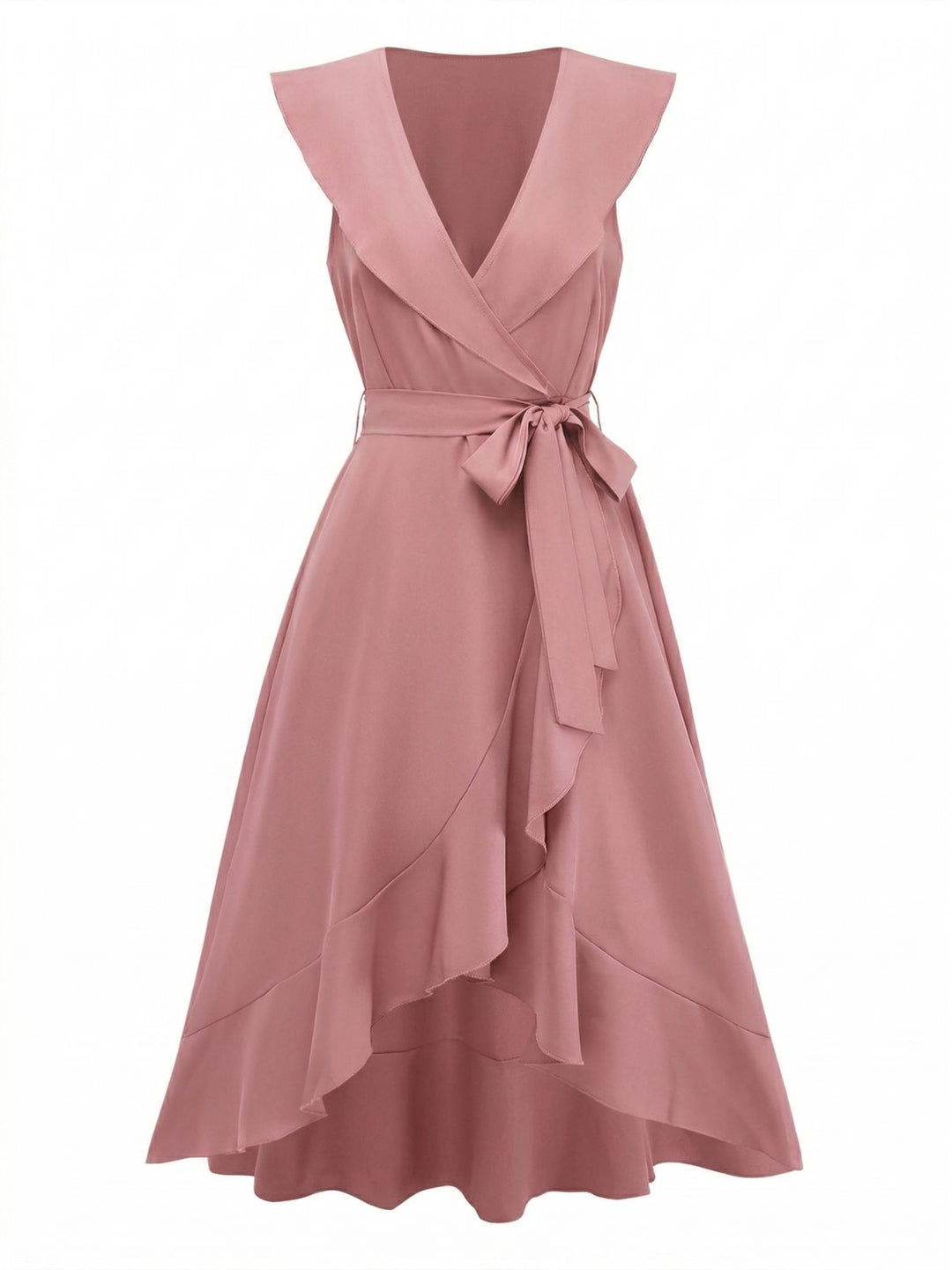 1930s V-Neck Solid Ruffled Hem Tie-Up Dress: beautiful vintage dress, retro fashion, elegant style with timeless appeal