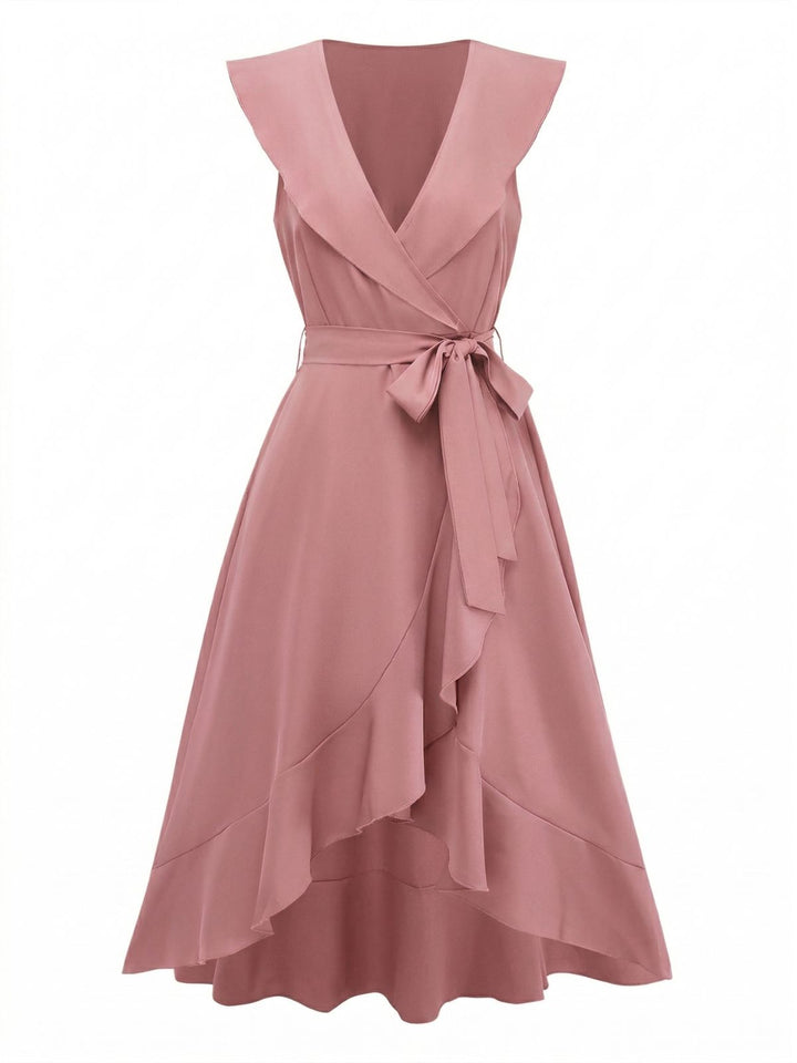1930s V-Neck Solid Ruffled Hem Tie-Up Dress: beautiful vintage dress, retro fashion, elegant style with timeless appeal