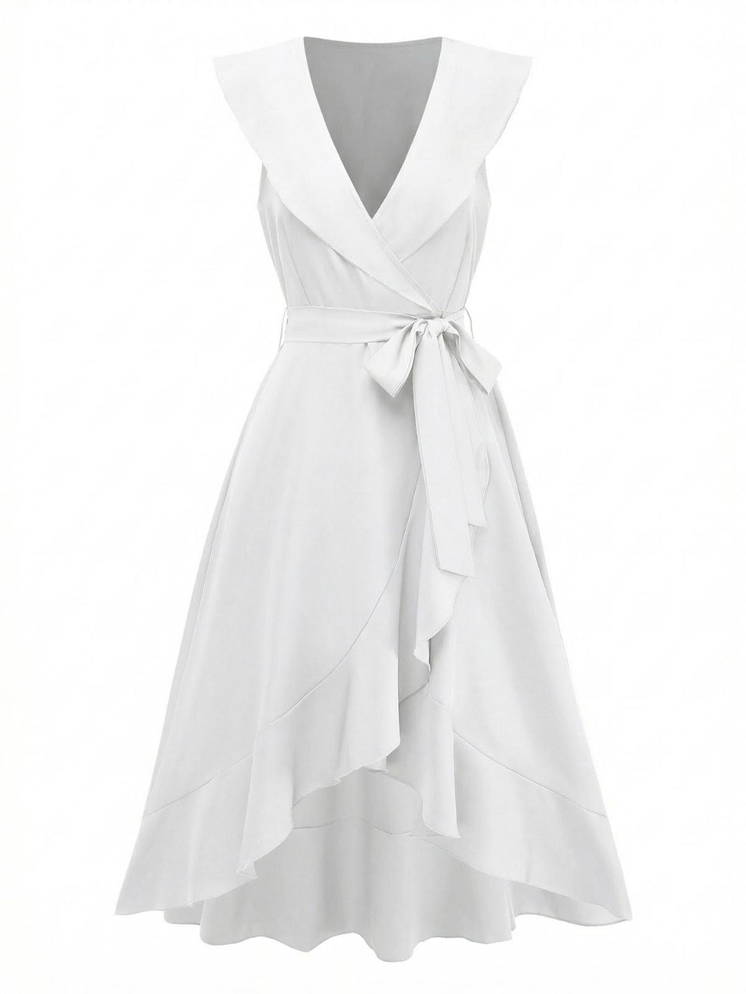 1930s V-Neck Solid Ruffled Hem Tie-Up Dress | vintage dress, retro fashion, elegant style - perfect for retro fashion enthusiasts