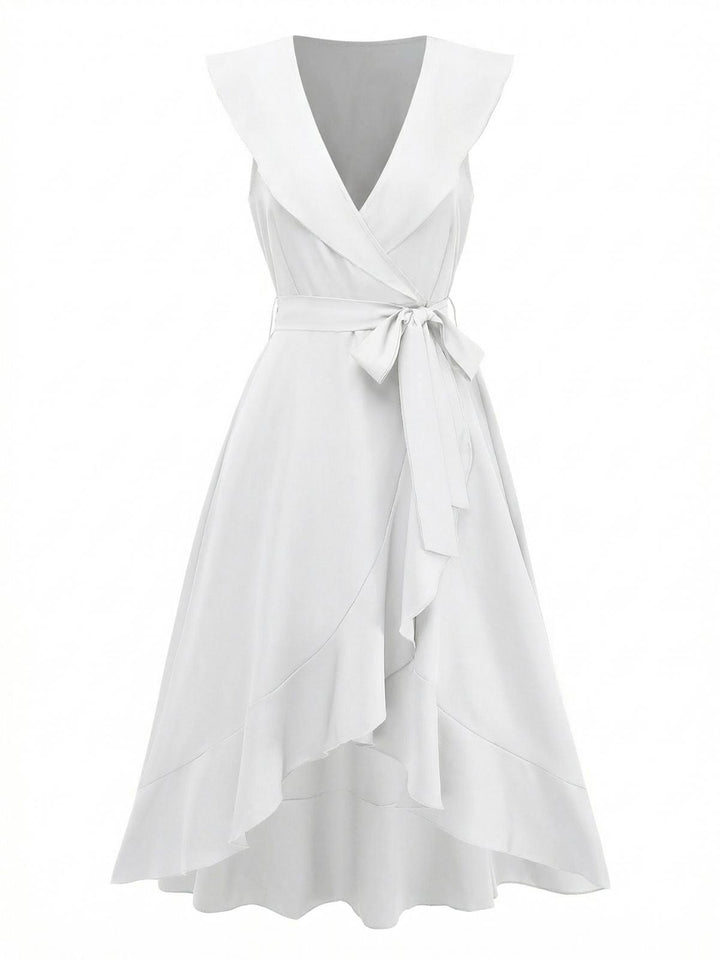 1930s V-Neck Solid Ruffled Hem Tie-Up Dress | vintage dress, retro fashion, elegant style - perfect for retro fashion enthusiasts