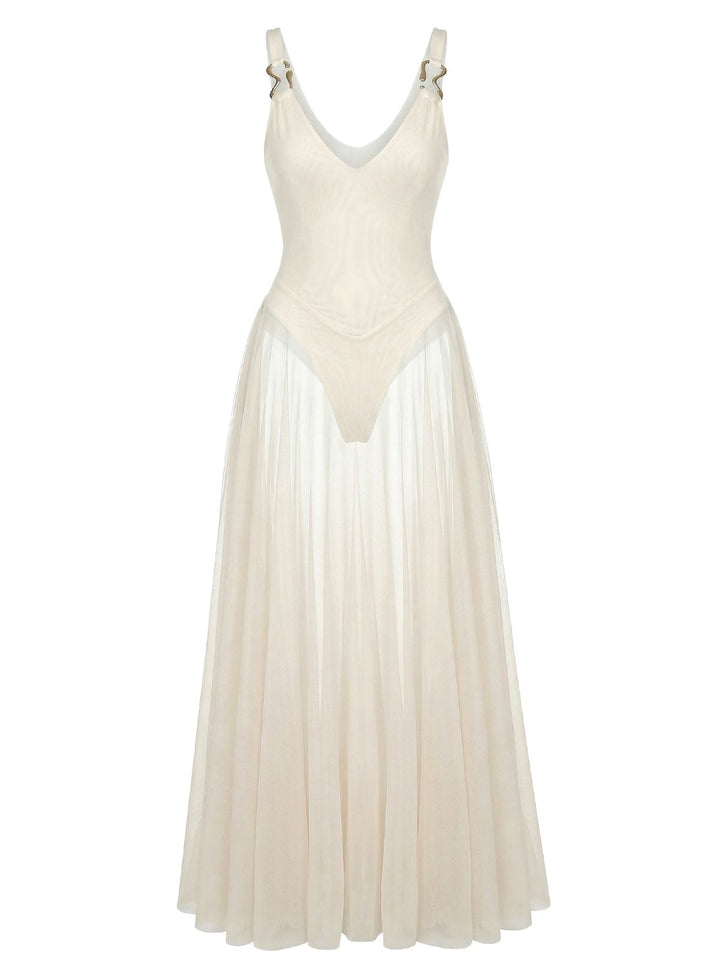 1930s V-Neck Strappy Mesh Flowing Maxi Dress - vintage dress, retro fashion