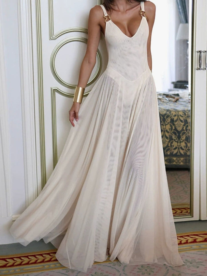 1930s V-Neck Strappy Mesh Flowing Maxi Dress - vintage dress, retro fashion