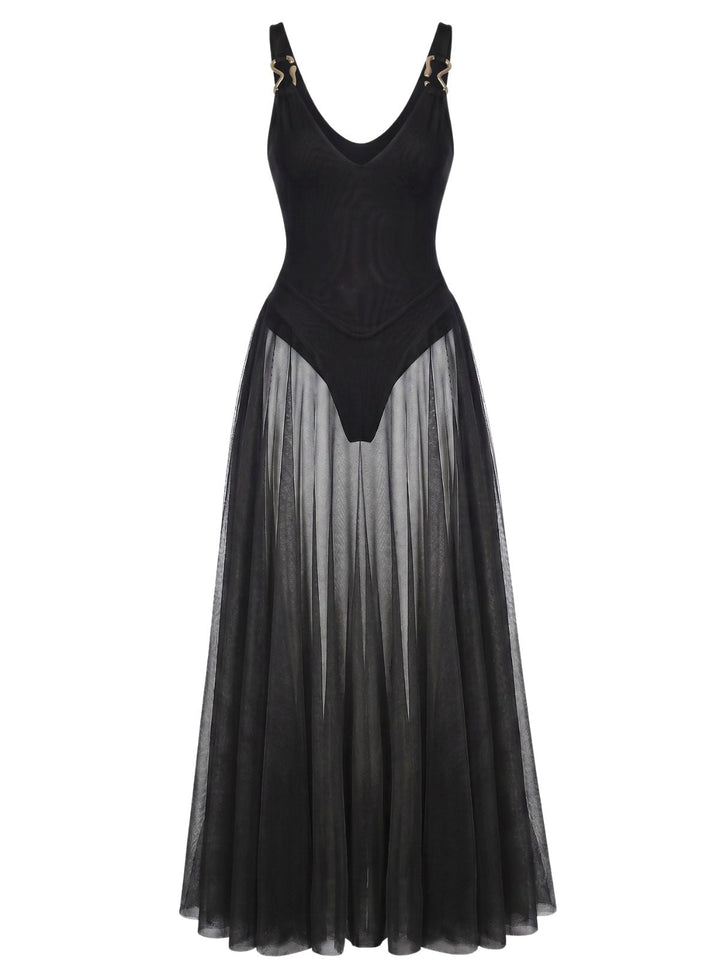 1930s V-Neck Strappy Mesh Flowing Maxi Dress - vintage dress, retro fashion