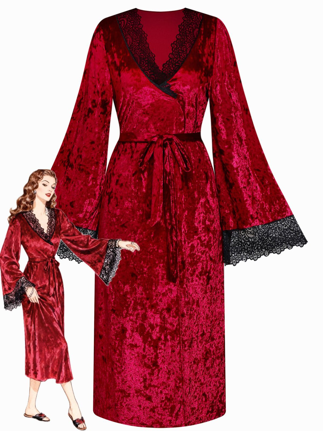 Velvet Lace Long Sleeve Patchwork Pajama Robe - vintage fashion, retro style