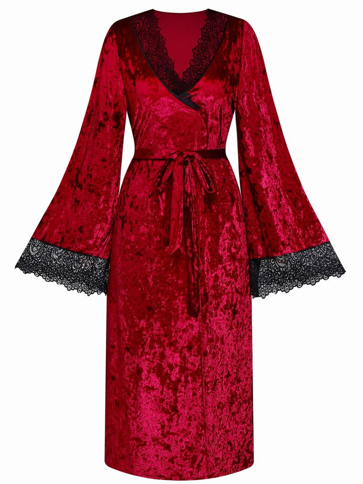 Velvet Lace Long Sleeve Patchwork Pajama Robe - vintage fashion, retro style