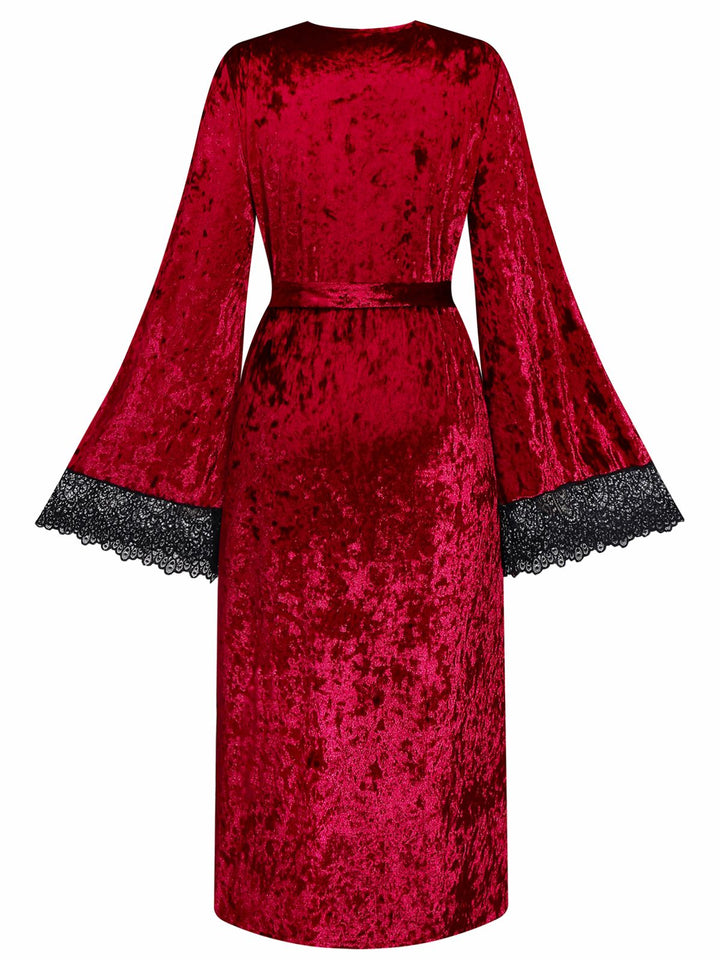 Velvet Lace Long Sleeve Patchwork Pajama Robe - vintage fashion, retro style