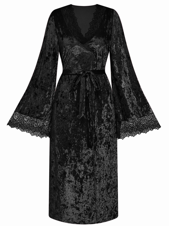 Velvet Lace Long Sleeve Patchwork Pajama Robe - vintage fashion, retro style