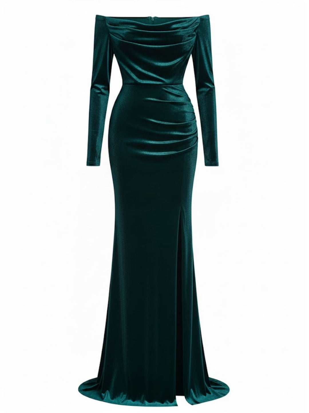 1930s Velvet Off-Shoulder Ruched Side-Slit Dress - vintage dress, retro fashion