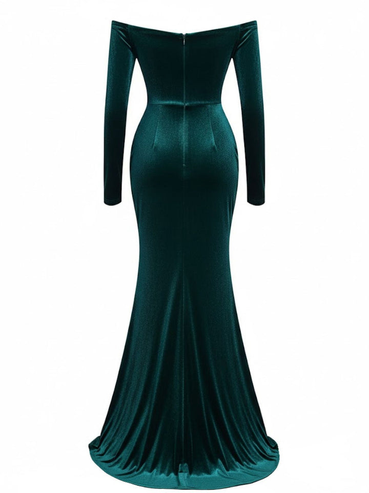 1930s Velvet Off-Shoulder Ruched Side-Slit Dress - vintage dress, retro fashion