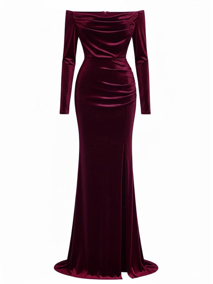1930s Velvet Off-Shoulder Ruched Side-Slit Dress - vintage dress, retro fashion