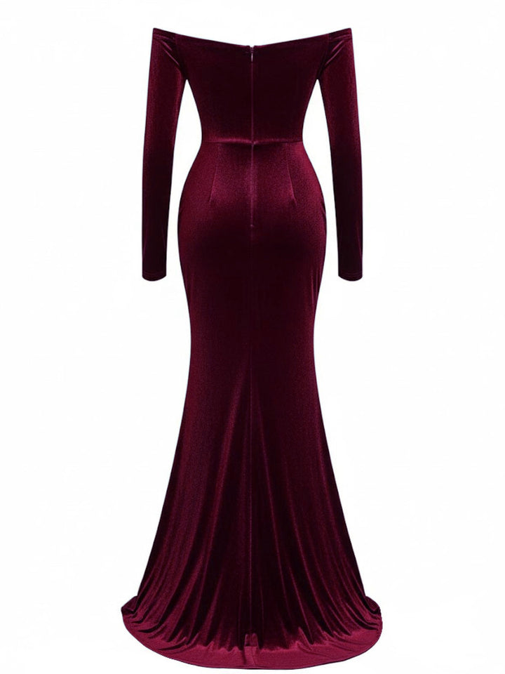 1930s Velvet Off-Shoulder Ruched Side-Slit Dress - vintage dress, retro fashion