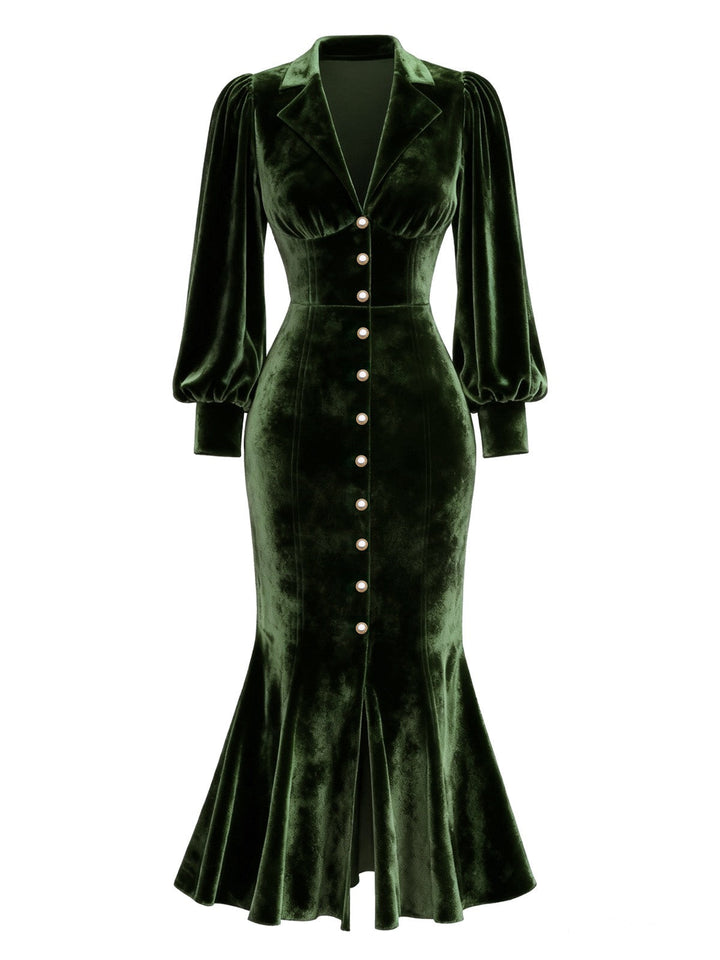 1930s Velvet Pearl Lantern Sleeve Mermaid Dress - vintage dress, retro fashion
