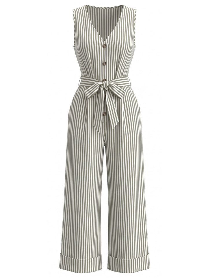 Blue 1930s Vertical Stripe V-Neck Sleeveless Belted Jumpsuit, vintage romper, retro jumpsuit - perfect for women who love vintage and retro fashion