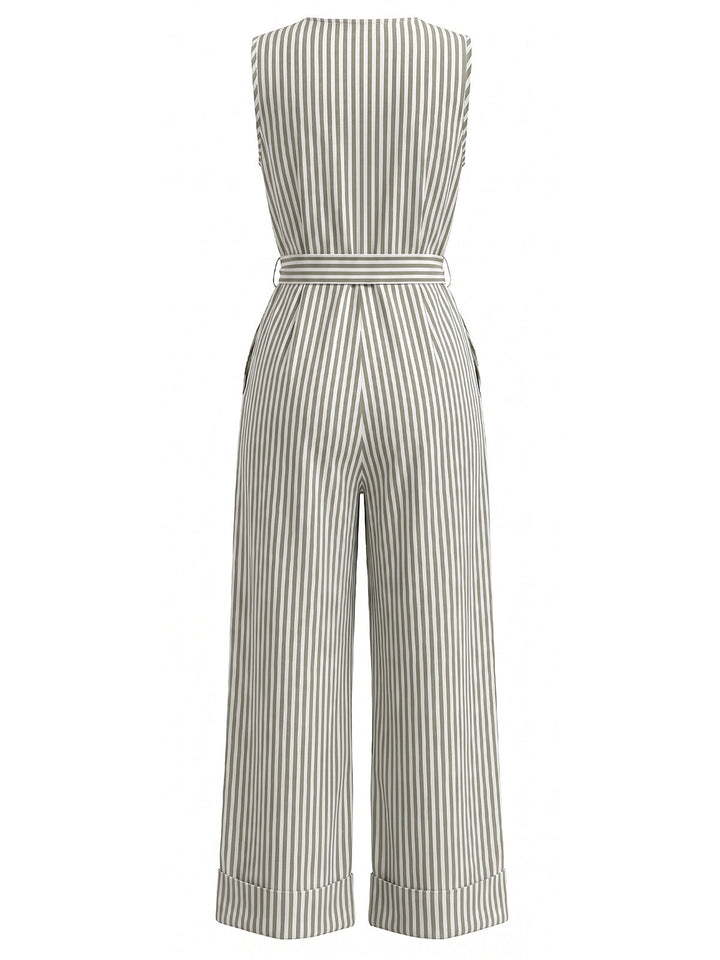 Blue 1930s Vertical Stripe V-Neck Sleeveless Belted Jumpsuit, vintage romper, retro jumpsuit - perfect for women who love vintage and retro fashion
