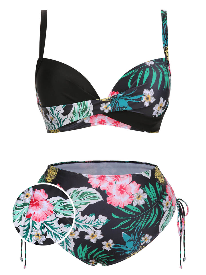 [Plus Size] 1940S Tropical Plant Patchwork Lace-Up Swimsuit, vintage swimsuit, pin-up swimwear - perfect for women who love vintage and retro fashion
