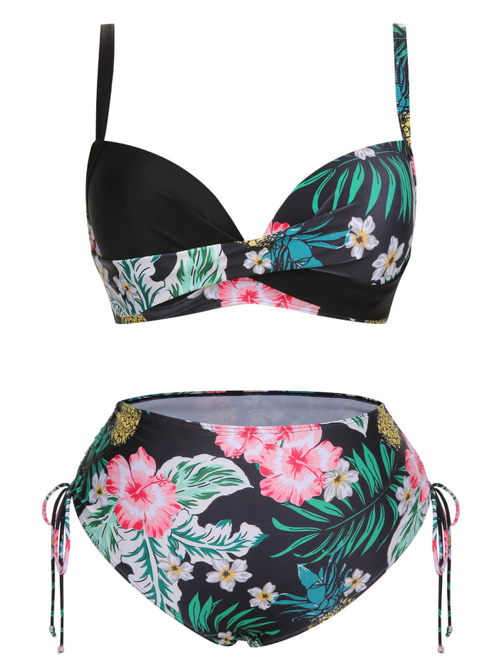 [Plus Size] 1940S Tropical Plant Patchwork Lace-Up Swimsuit, vintage swimsuit, pin-up swimwear - perfect for women who love vintage and retro fashion