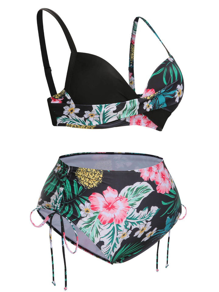 [Plus Size] 1940S Tropical Plant Patchwork Lace-Up Swimsuit, vintage swimsuit, pin-up swimwear - perfect for women who love vintage and retro fashion