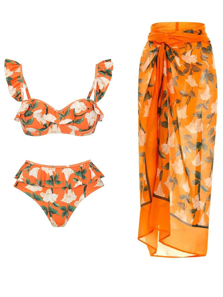 2PCS Orange 1940s Ruffle Floral Bikini Set &amp; Cover Up - vintage fashion, retro style
