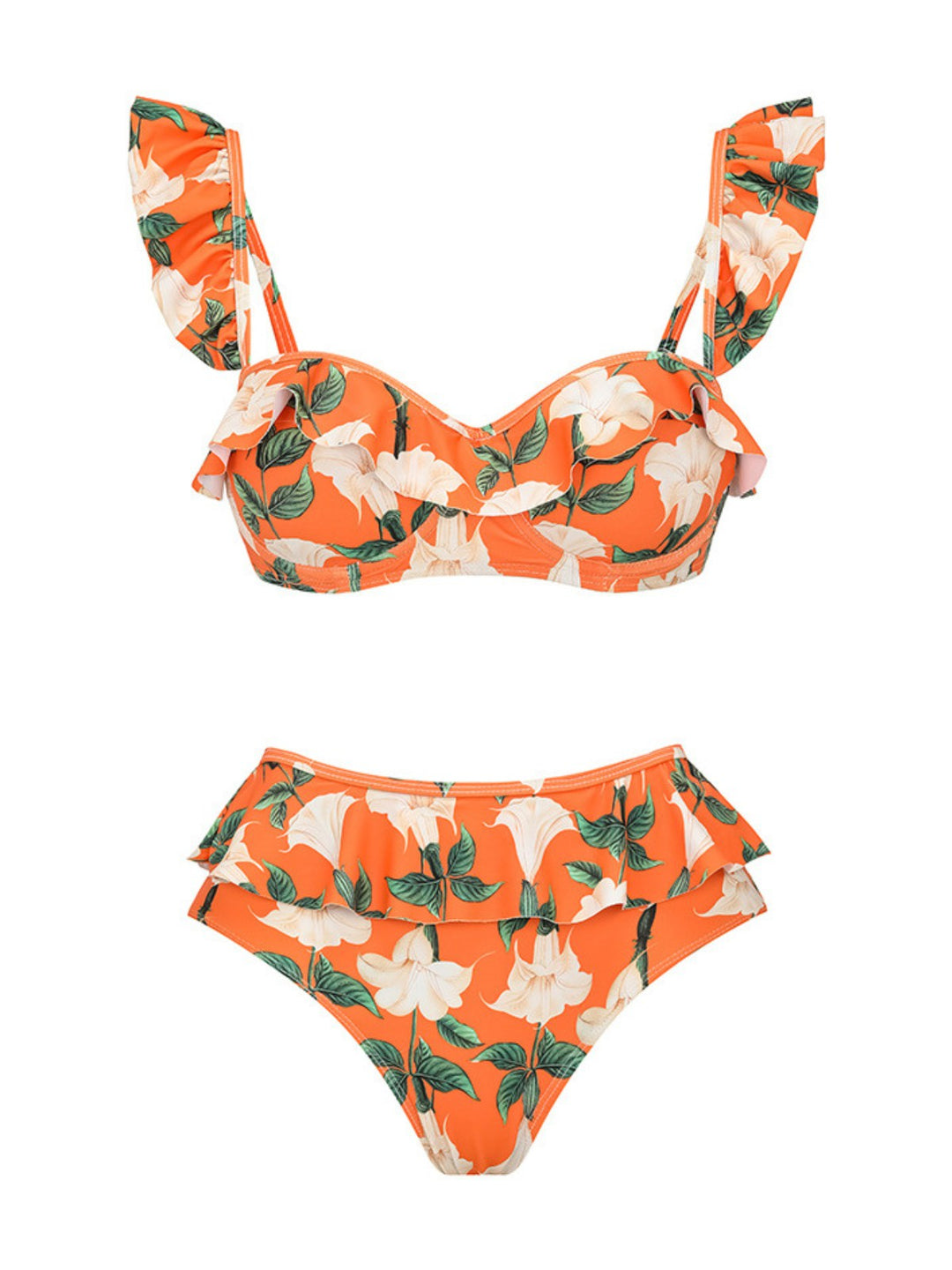 2PCS Orange 1940s Ruffle Floral Bikini Set &amp; Cover Up - vintage fashion, retro style
