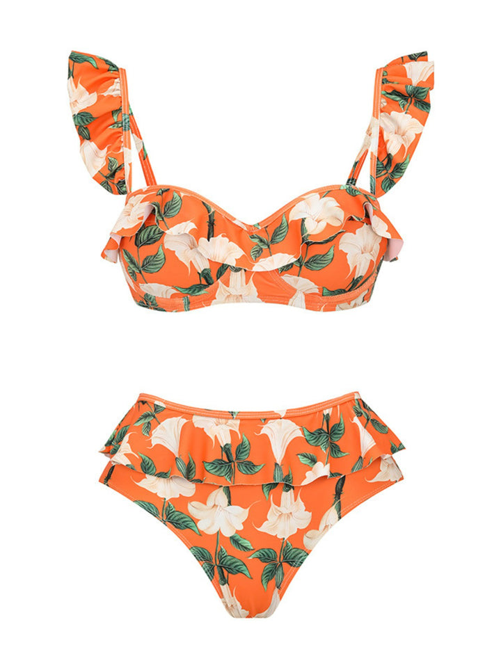 2PCS Orange 1940s Ruffle Floral Bikini Set &amp; Cover Up - vintage fashion, retro style