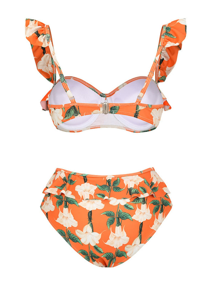 2PCS Orange 1940s Ruffle Floral Bikini Set &amp; Cover Up - vintage fashion, retro style