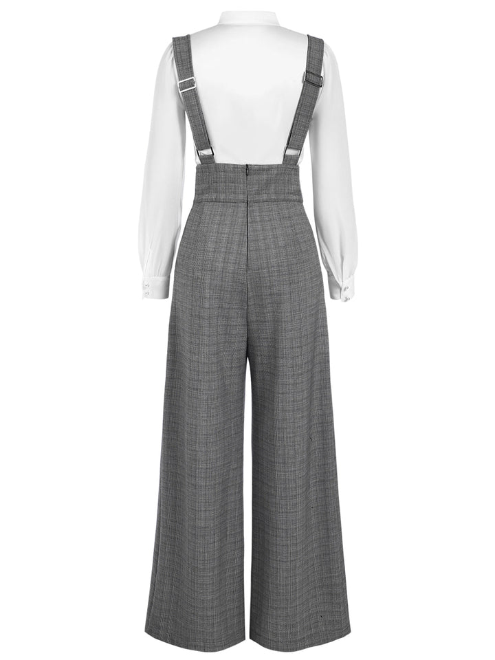 2PCS 1940s Satin Puff Sleeve Blouse &amp; Glen Plaid Overall Pants - vintage fashion, style
