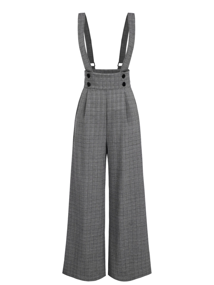 2PCS 1940s Satin Puff Sleeve Blouse &amp; Glen Plaid Overall Pants - vintage fashion, style