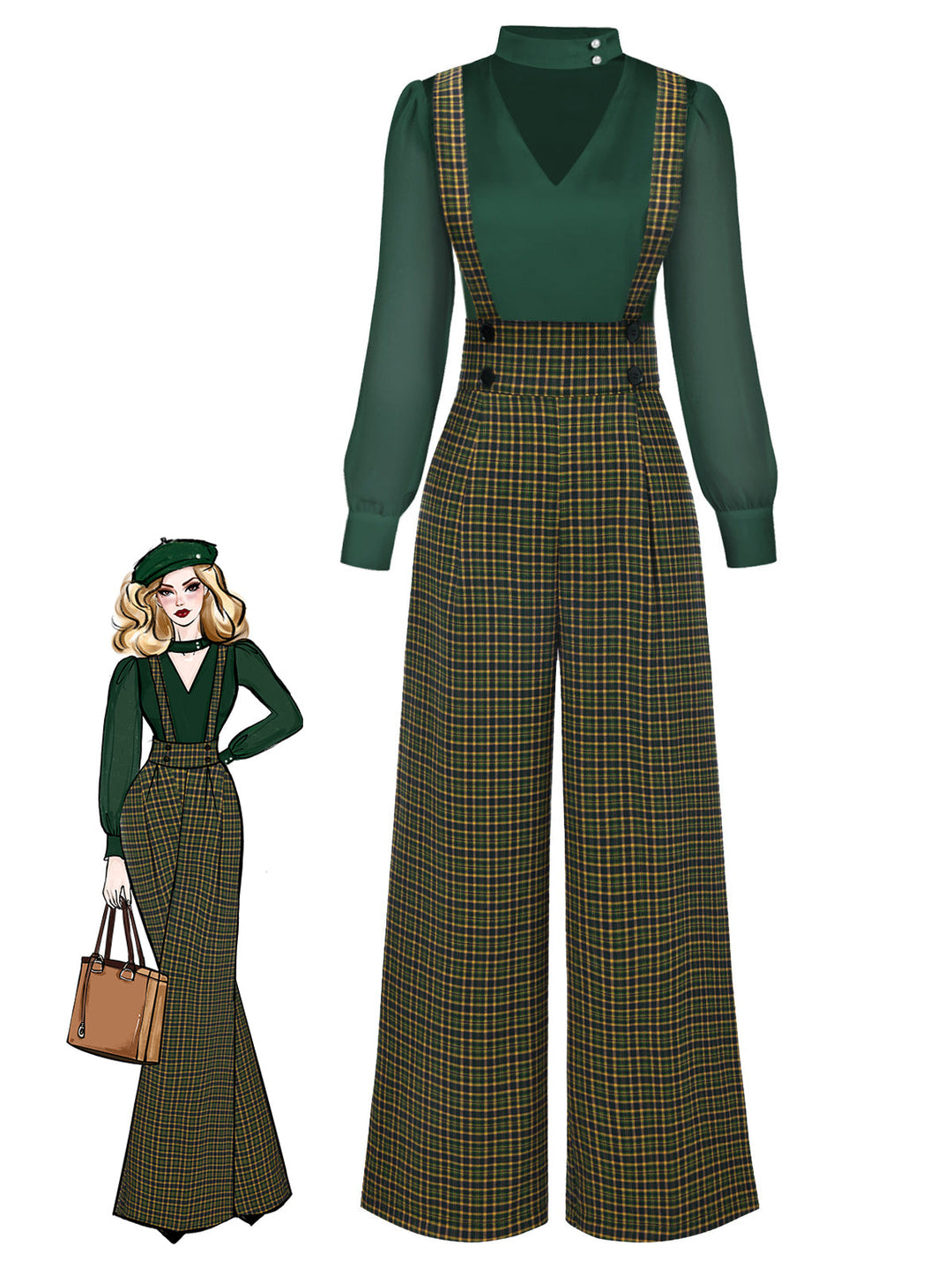 2PCS 1940s Satin Puff Sleeve Blouse &amp; Glen Plaid Overall Pants - vintage fashion, style