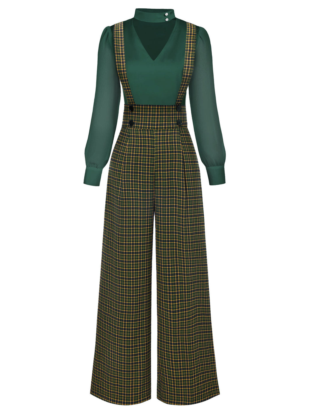 2PCS 1940s Satin Puff Sleeve Blouse &amp; Glen Plaid Overall Pants - vintage fashion, style