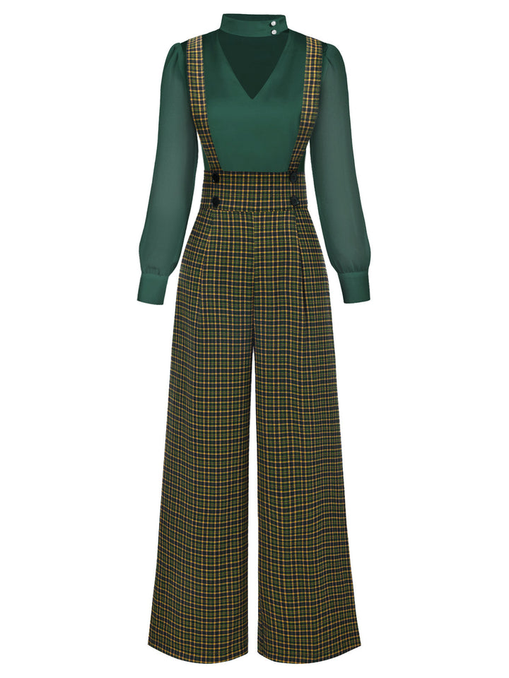 2PCS 1940s Satin Puff Sleeve Blouse &amp; Glen Plaid Overall Pants - vintage fashion, style