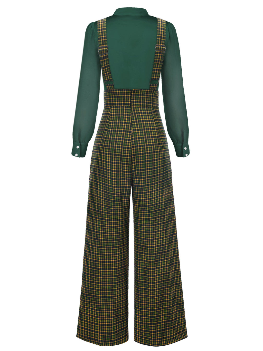 2PCS 1940s Satin Puff Sleeve Blouse &amp; Glen Plaid Overall Pants - vintage fashion, style