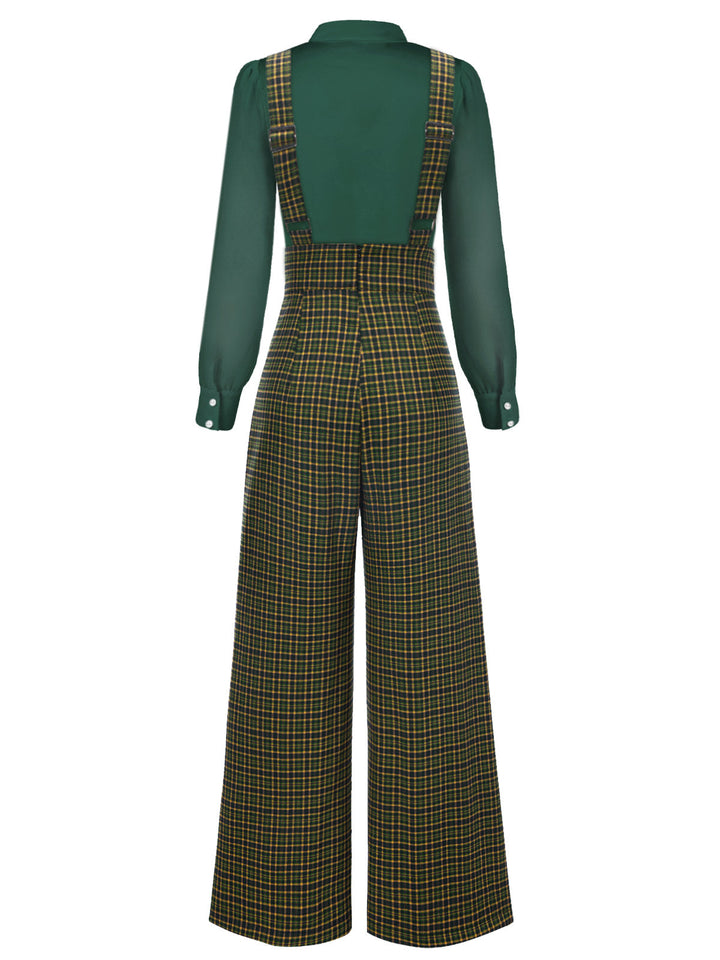 2PCS 1940s Satin Puff Sleeve Blouse &amp; Glen Plaid Overall Pants - vintage fashion, style