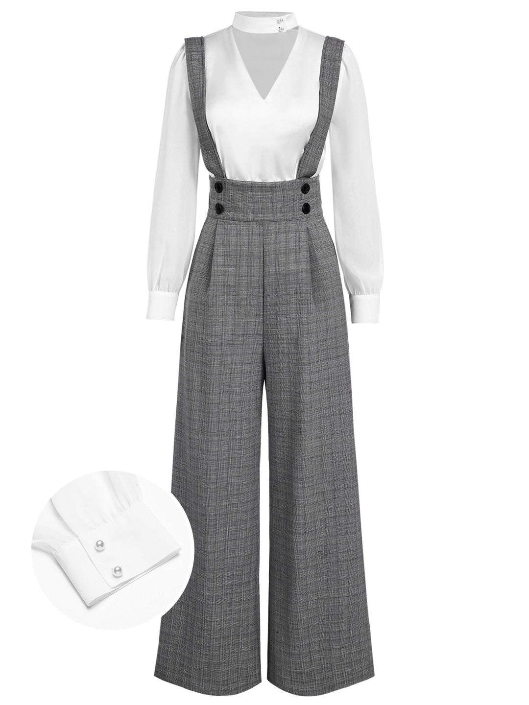 2PCS 1940s Satin Puff Sleeve Blouse &amp; Glen Plaid Overall Pants - vintage fashion, style