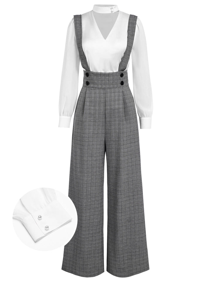 2PCS 1940s Satin Puff Sleeve Blouse &amp; Glen Plaid Overall Pants - vintage fashion, style