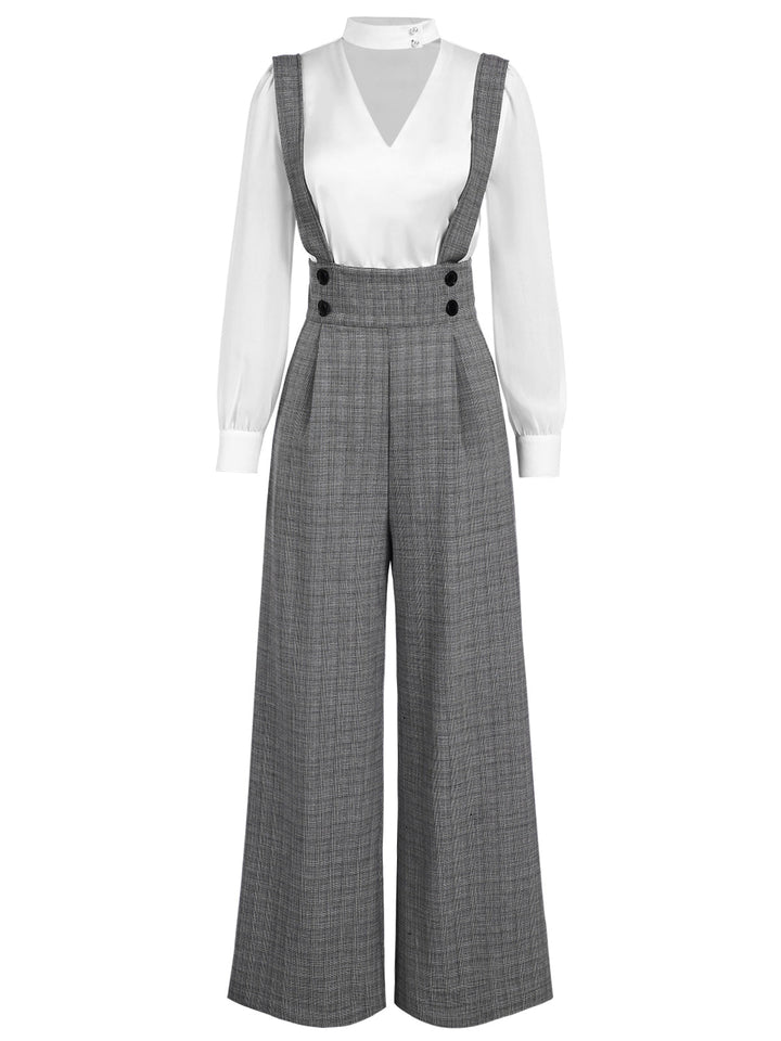2PCS 1940s Satin Puff Sleeve Blouse &amp; Glen Plaid Overall Pants - vintage fashion, style