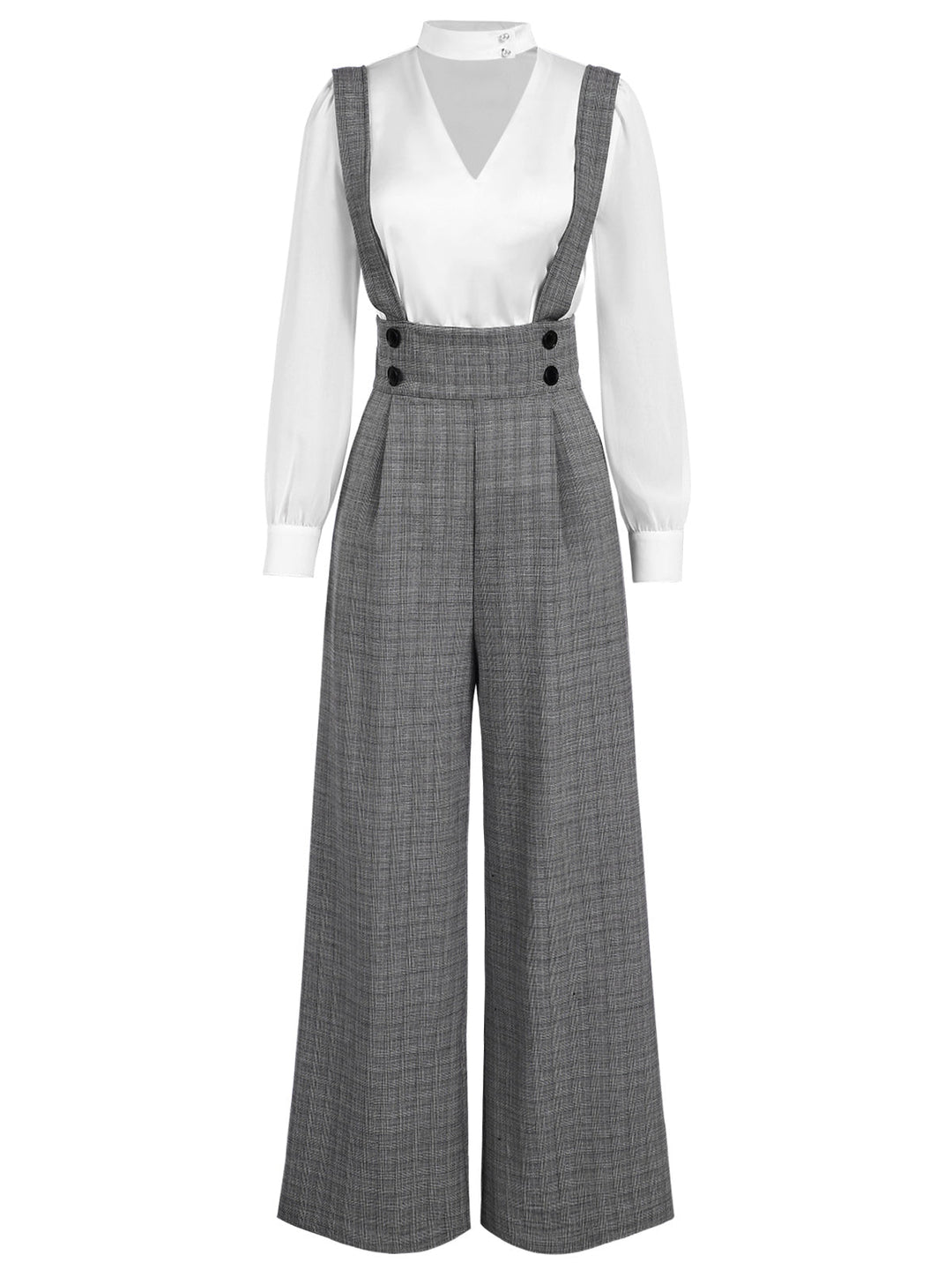 2PCS 1940s Satin Puff Sleeve Blouse &amp; Glen Plaid Overall Pants - vintage fashion, style