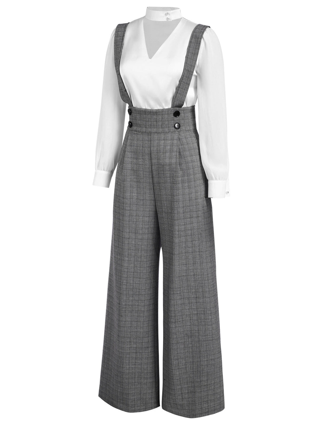 2PCS 1940s Satin Puff Sleeve Blouse &amp; Glen Plaid Overall Pants - vintage fashion, style