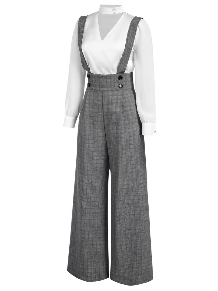 2PCS 1940s Satin Puff Sleeve Blouse &amp; Glen Plaid Overall Pants - vintage fashion, style