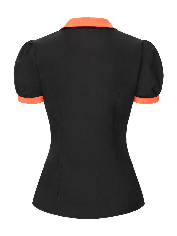 Black 1940s Peter Pan Collar Halloween Puff Sleeve Blouse - vintage fashion, retro style, classic black