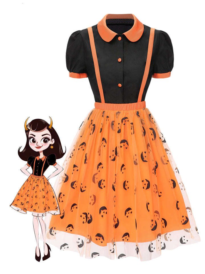 2PCS 1940s Halloween Peter Pan Collar Blouse &amp; Smiley Face Mesh Skirt - vintage skirt, retro style